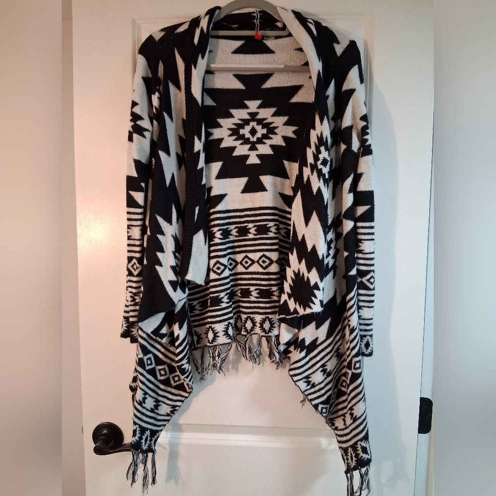 Divided Black and White Geometric Western Cardigan